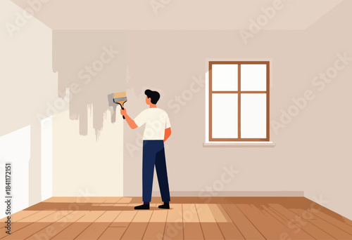 Illustration shows a person painting a wall with a brush in a room with a window, wooden floor, & shadows