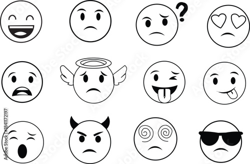 A line-style emoji icon set featuring a variety of expressions, including happy, sad, smiling, surprised, angry, relaxed, confused, laughing, excited, and shocked.