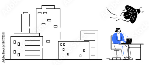 Workplace scenario. Workplace showing an employee handling work while dealing with a flying insect. Workplace productivity, urban office life, distractions at work, modern corporate humor. Usable