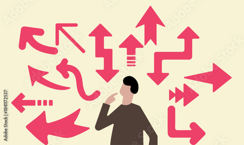 Man uncertain in many arrow directions surrounding him, uncertainty in decision-making illustration