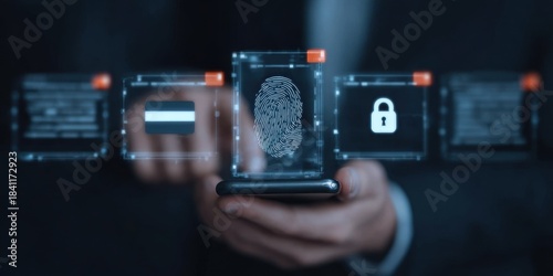 Visualization of online privacy: Silhouette of a person viewing a smartphone, a massive, transparent fingerprint overlaid on the scene, emphasizing personal data security