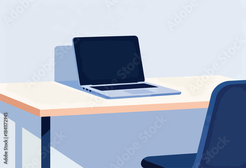 A minimalist depiction of a workstation laptop on a desk with a chair, shaded and stylized