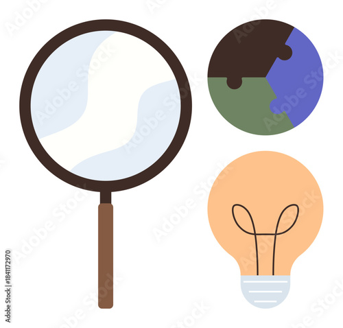 Magnifying glass for discovery, puzzle pieces for collaboration, and lightbulb for idea generate and creativity. Ideal for research, innovation, teamwork, problem-solving, analysis, brainstorming