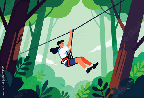 A person glides on a zip line through a stylized forest. Vivid colors and clean lines create a dynamic outdoor scene