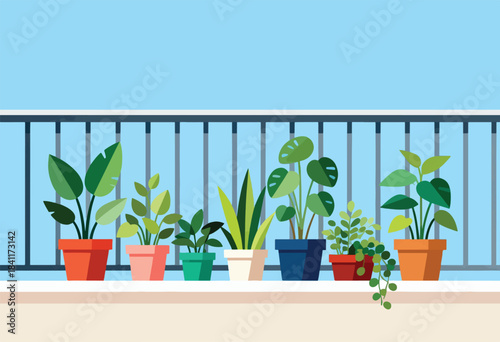 A vibrant flat illustration of a balcony garden with an array of potted plants against a blue sky