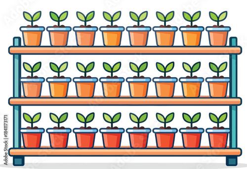 Cartoon illustration of a multi-tiered plant shelf filled with potted plants at various stages of growth