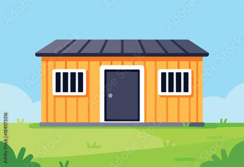 An illustration of a yellow building with a dark roof and door, two windows, set in a green field under a blue sky