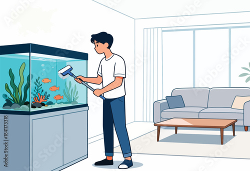 A person in a white t-shirt and jeans cleans an aquarium with fish, plants, and a sofa