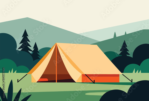 A geometric illustration shows a tan tent set in a green landscape with trees, mountains, and a clear sky