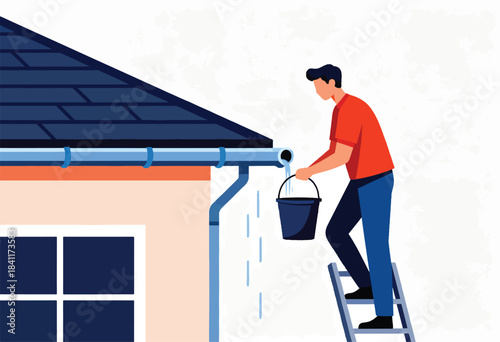 A person in a red shirt and blue pants, on a ladder, collects water from a gutter into a bucket