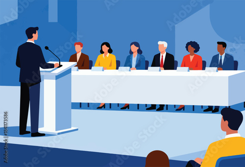 A speaker stands at a podium addressing a panel of six people seated behind a long table. Audience member in foreground
