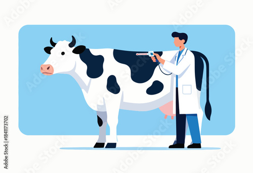 A veterinary illustration shows a spotted cow being scanned by a vet with a medical device