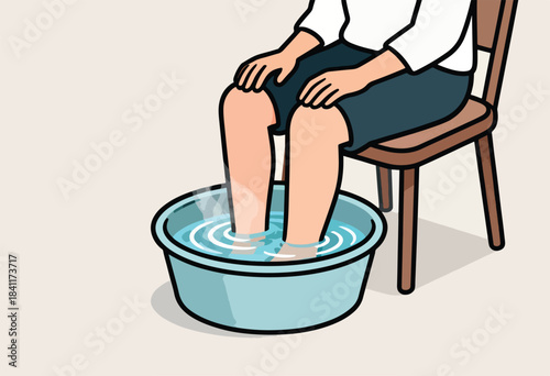 Illustration of person seated, legs in a foot bath, steam rising from water, hands on lap, chair beside