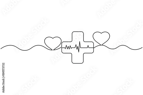 Healthcare cross and heart continuous one line clean outline illustration
