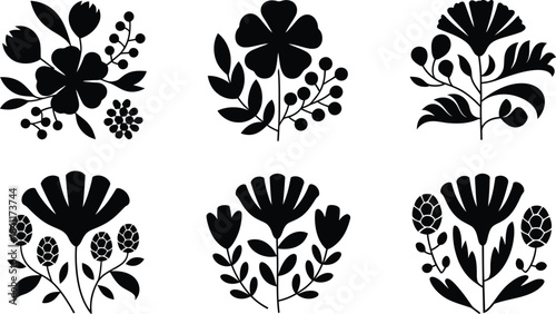 Black and White Folk Art Floral Silhouettes Set