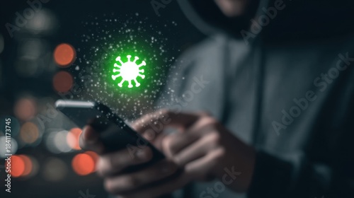 Wallpaper Mural Anti virus protection: Man using his phone, a digital antibody figure actively battling a virus symbol on the screen, representing active defense Torontodigital.ca