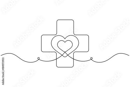One line drawing medical cross and heart modern minimalist design
