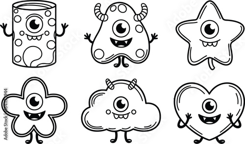 Cute cartoon monsters line art set vector illustration