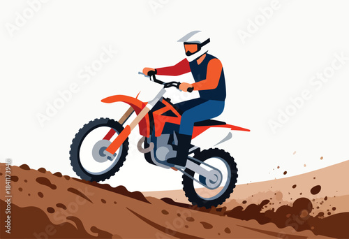 A person in safety gear, rides an orange motorcycle through dirt, splashing mud with a white background