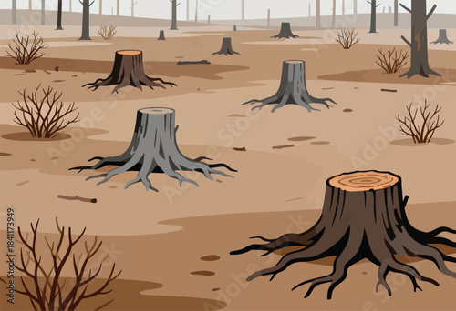 A deforested forest scene shows tree stumps scattered across a barren landscape with sparse undergrowth