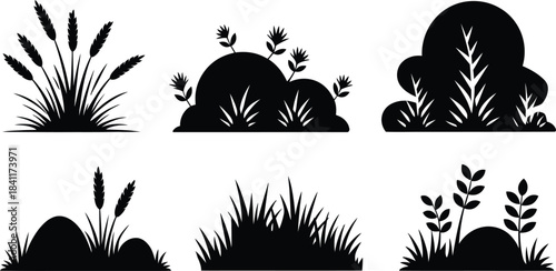 Black silhouettes of grass, bushes, and plants collection. nature set isolated on Vector illustration