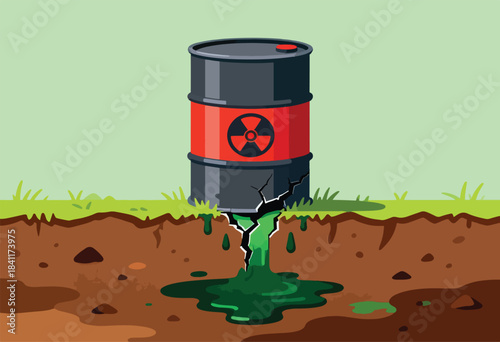 A hazardous barrel leaks radioactive waste into the ground, illustrating environmental pollution
