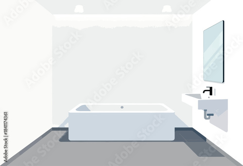 Interior view of a minimalist bathroom design, featuring a bathtub, sink, mirror, and soft lighting