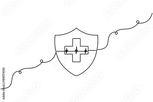 Medical cross with heart continuous one line minimalist outline illustration
