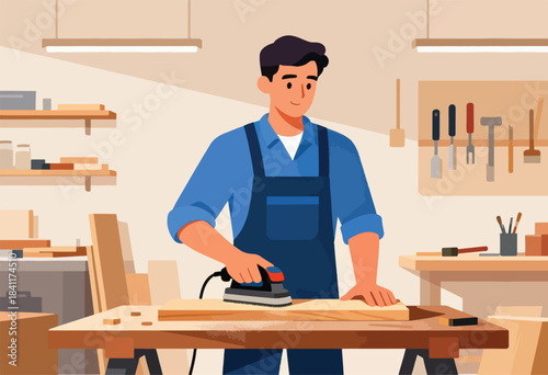 A carpenter in blue overalls is sanding a wood plank with a power sander in a workshop scene