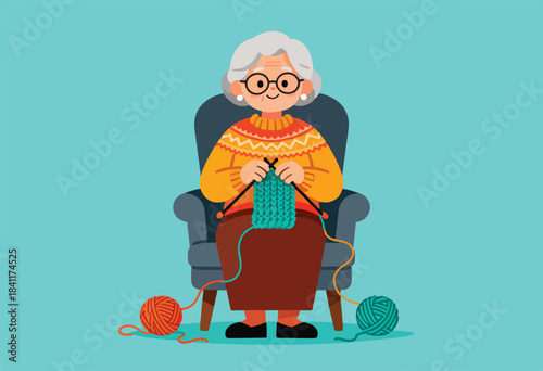 An elderly woman in glasses sits in a chair, knitting with two balls of yarn on a blue background