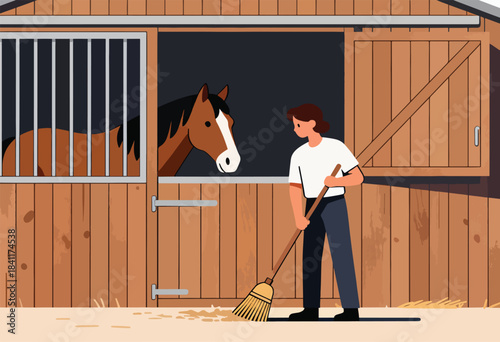 A person sweeps a stable floor while a horse peeks from its stall. Wooden panels and beams form the barn