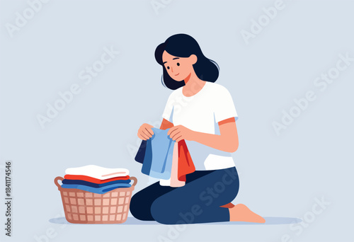 A woman kneels on the floor sorting colorful laundry from a wicker basket with a light blue background
