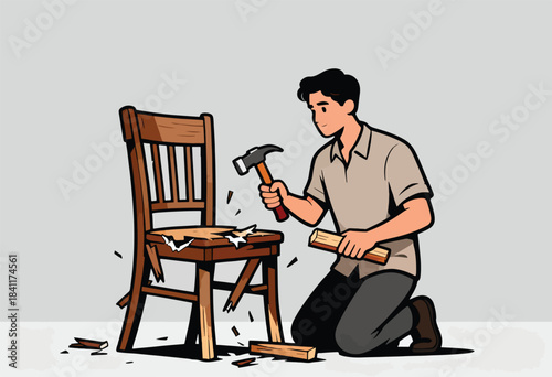 A man hammers a new wood piece onto a broken chair, showcasing repair & craftsmanship