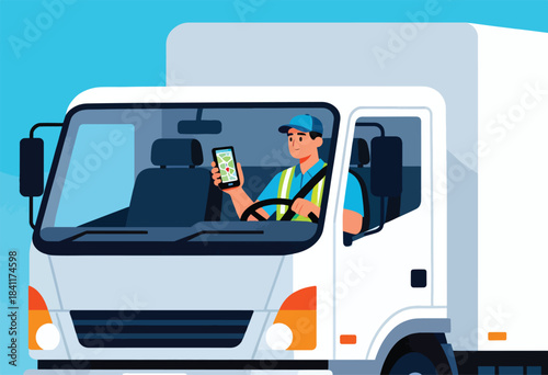 A delivery driver in a truck looks at a map on a phone. The background is a flat, bright blue