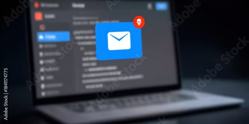 Ransomware disguised: Laptop showing an email with an innocuous subject line, but a digital skull icon faintly visible behind the message window