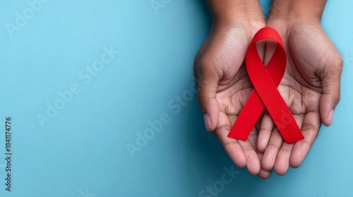 Person holding a red ribbon in their cupped hands, symbolizing world aids day, hiv, and health awareness against a blue background.