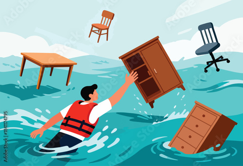 A person in a life vest struggles in floodwater amidst floating furniture