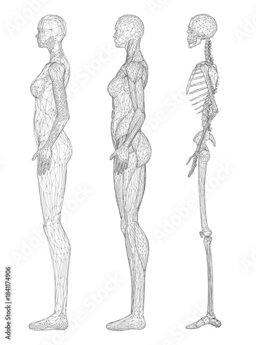 Three female skeletons display detailed anatomy, revealing muscle structure and wireframe overlays for educational reference. Side view