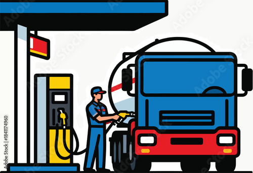 Vector illustration of a gas station with a semi-truck being refueled by a worker