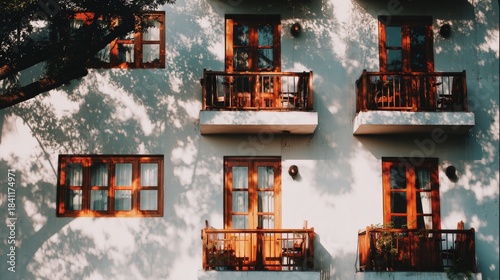 Sunny facade of a white building with rustic wooden balconies and windows covered in dappled tree shadows.