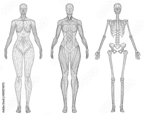 A female skeleton outline reveals underlying muscular anatomy and a transparent wireframe body structure. This educational visualization details biological systems. Front view