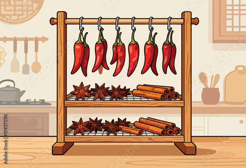 A rustic wooden rack holds hanging red peppers, star anise, and cinnamon sticks in a kitchen scene