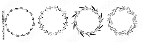 Set of botanical round frames with flowers and herbs. Wildflowers create circular wreaths. Empty herbal silhouette shapes for design, vector graphic