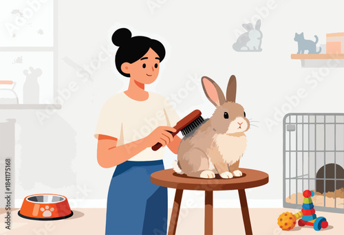 A woman gently brushes a bunny rabbit seated on a small wooden stool, various pet items are on display