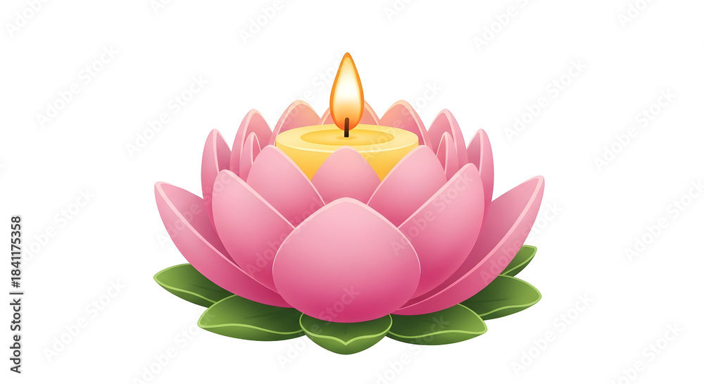 Fototapeta premium Pink lotus flower with burning candle isolated on transparent background