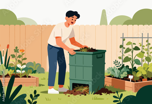 Illustration depicts a person composting in a garden. Plants and raised beds surround him, with a fence in the background