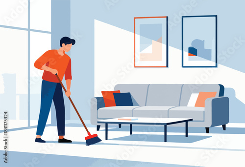Illustration shows a person sweeping a modern living room, with couch, coffee table, and abstract art