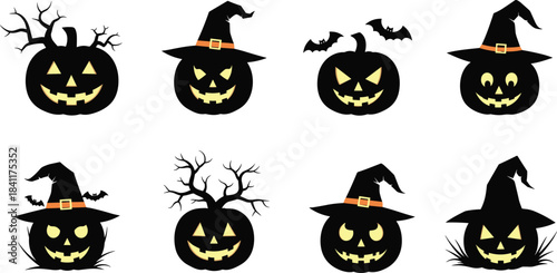 Halloween pumpkin silhouettes, glowing faces, witch hat pumpkins, bat decor, spooky tree pumpkins, eerie clipart, festive vector, scary icons