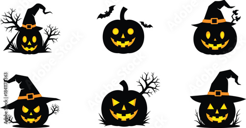 Halloween pumpkin faces, glowing silhouettes, witch hat pumpkins, bat decor, spooky tree pumpkins, eerie clipart, festive vector, scary icons