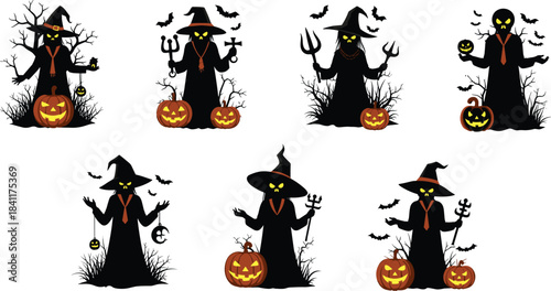 Halloween witch, spooky silhouette, black robe, pointed hat, glowing eyes, bats, jack-o'-lantern, creepy forest, festive icons, scary theme, magic staff, crescent moon, trident, cross, pumpkin, 